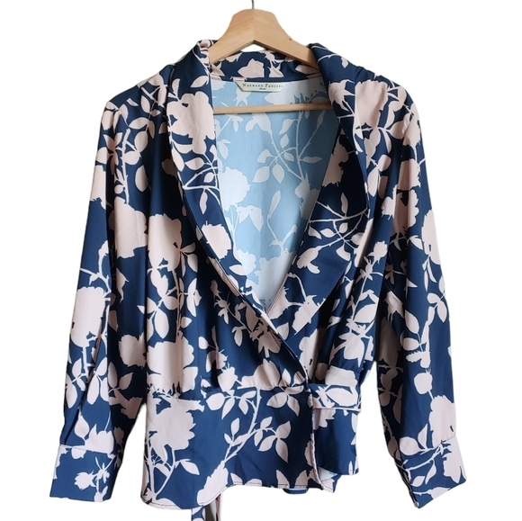 Wayward Fancies eShakti Blue Beige Floral Print Crepe Ruched Wrap Top Blouse - Picture 2 of 5